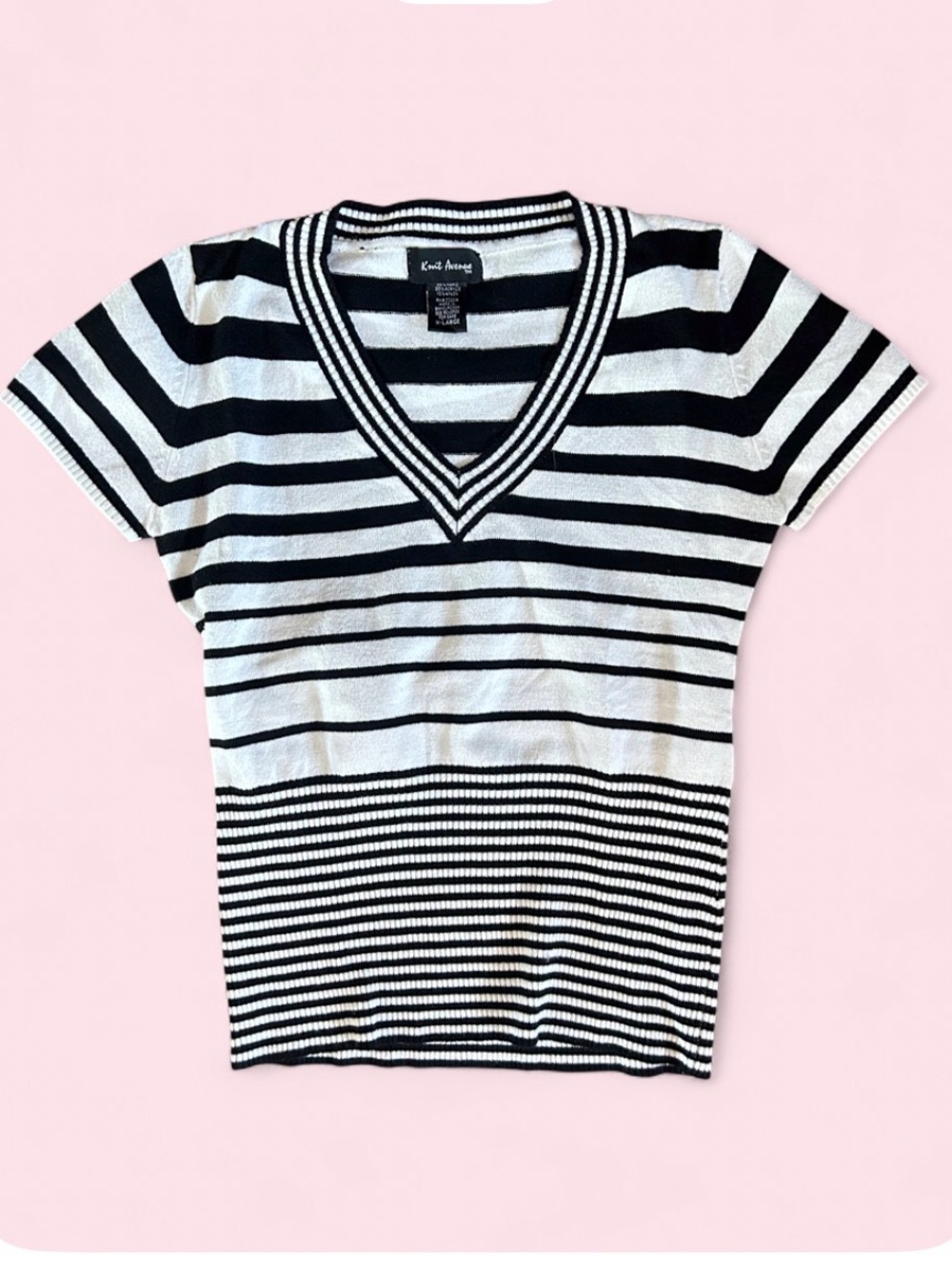 Y2k Black & White Striped V-Neck Knit Top by Knit Avenue